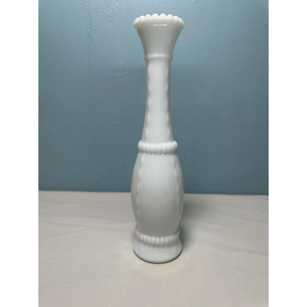 Vintage 1950's Bead and Stitch White Milk Glass Bud Vase 10.5